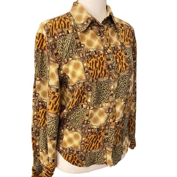 VTG Allison Taylor Gray Brown Silk Belt Buckle Animal Print Shirt Blouse Medium - Picture 4 of 8